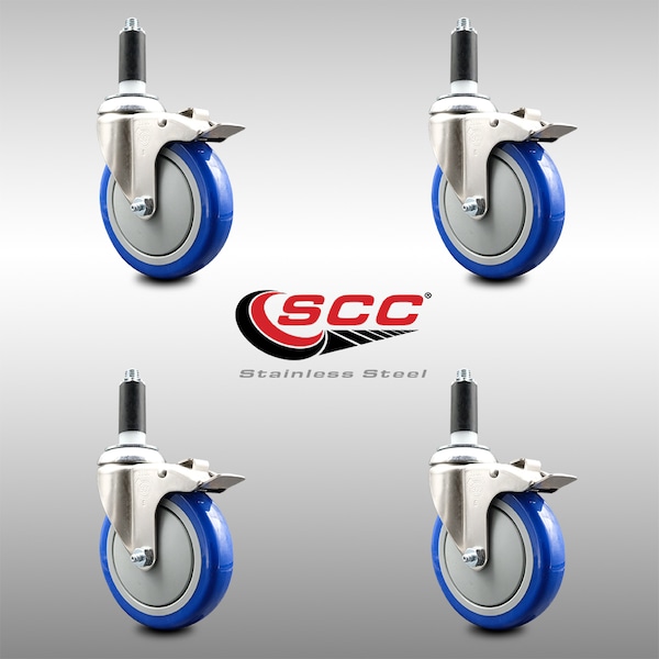 Service Caster 5 Inch 316SS Blue Poly Swivel 1 Inch Expanding Stem Caster Set Lock Brake SCC-SS316TTLEX20S514-PPUB-BLUE-1-4 - main